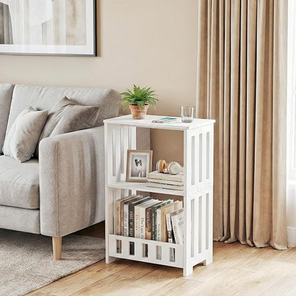 3-Tier End Table Night Stand Set of 2, White Side Table with Storage Shelf, Small Bookshelf Bedside Table for Bedroom, Living Room, Office, Bathroom