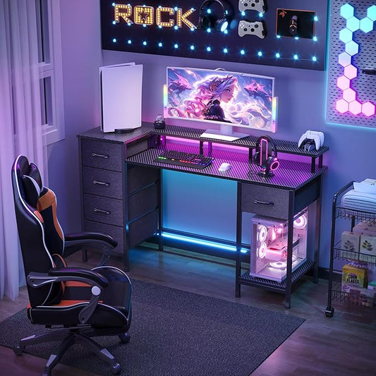 55 Inch Gaming Desk with Power Outlets and LED Lights, Reversible Computer Desk with 5 Fabric Storage Drawers, Home Office Desk with Monitor Stand for Working Writing Study, Carbon Fiber Black