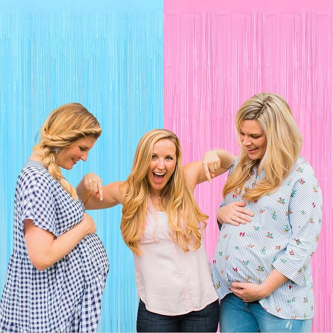 4 Pack 3.2Ft x 8.2Ft Pink Blue Fringe Curtain Backdrop, Metallic Tinsel Foil Fringe Streamers Curtains for Photo Booth Wedding Gender Reveal Backdrop Boy or Girl Birthday Party Decoration