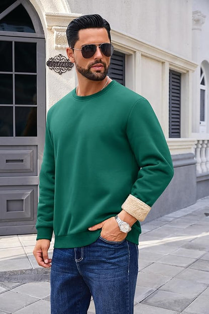 Boladeci Men's Full Sherpa Lined Crewneck Sweatshirts Heavy-weight Fleece Pullover Thick Thermal Long Sleeve Cotton