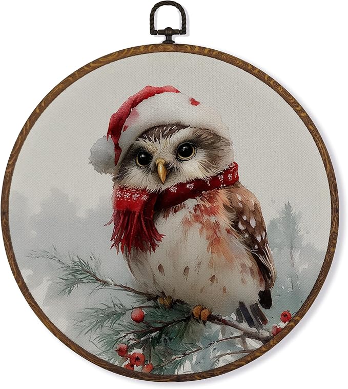 MOTERMATE Vintage Christmas Owl Wall Art Decor Round Framed, Winter Christmas Canvas Wall Art Artwork Prints, Farmhouse Winter Xmas Owl Hanging Decor Decorations for Home Living Room, 10x10 Inch