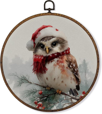 MOTERMATE Vintage Christmas Owl Wall Art Decor Round Framed, Winter Christmas Canvas Wall Art Artwork Prints, Farmhouse Winter Xmas Owl Hanging Decor Decorations for Home Living Room, 10x10 Inch