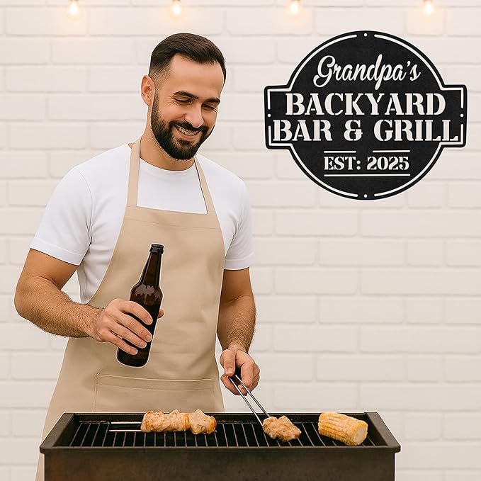 Personalized BBQ Garden Metal Sign, Custom Grill Name Cut Wall Art for Patio, Rustic Outdoor Kitchen and Backyard Decor