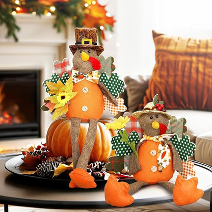 Turkey Decorations Indoor- Thanksgiving Decorations for Home, Office - Stuffed Turkey Animal Plush Doll Figurines - Pilgrim Decor for Autumn, Harvest Tabletop Centerpieces Ornaments Shelf Sitters