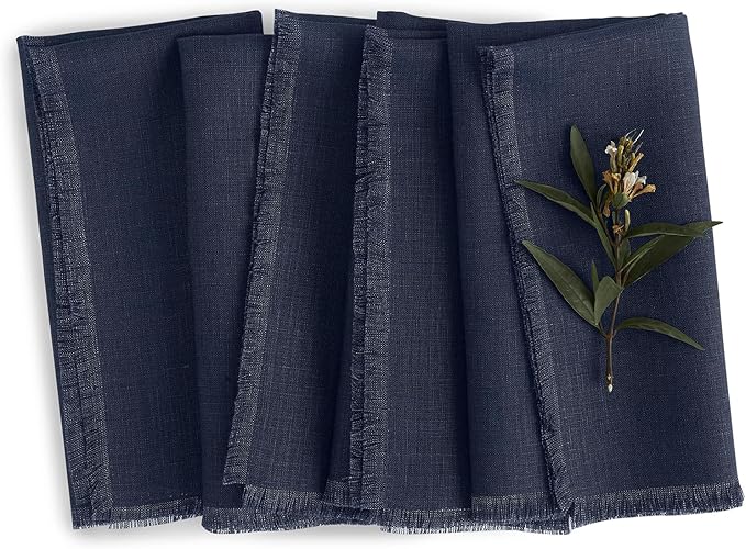 Solino Home Navy Blue Linen Napkins Set of 4-100% Pure Linen Cloth Washable Dinner Napkins 20 x 20 Inch for Fall, Autumn, Christmas, Holiday, Winter, New Year - Fringe