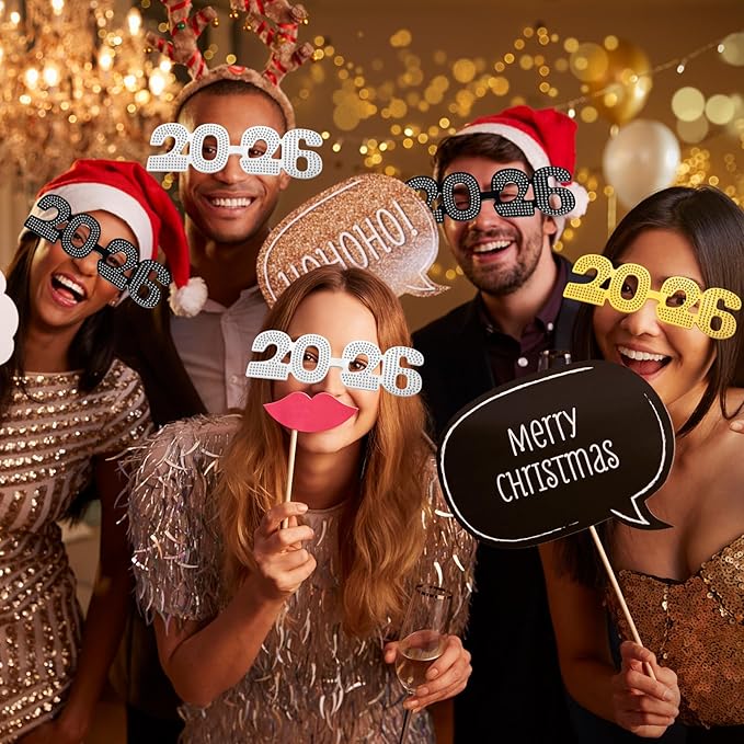 Konohan 6 Pcs 2026 New Year Eve Glasses Glitter Number Sunglasses Eyeglasses for New Years Party Supplies Festival Photo Prop(Yellow Black Silver)