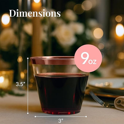 Prestee 200 Rose Gold Plastic Cups, 9oz – Elegant Hard Disposable Tumblers for Wine, Cocktails & Beverages – Clear Plastic Cups with Rose Gold Rim – Bulk Party Drinkware for Weddings, Holidays & Event