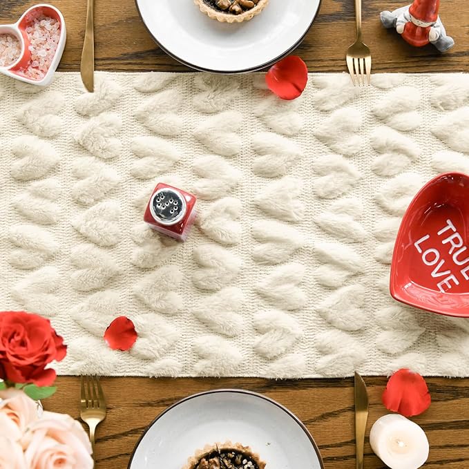 Artoid Mode Beige Soft Plush Faux Fur Jacquard Heart Valentine's Day Table Runner, Seasonal Kitchen Dining Table Decoration for Home Party Decor 13x90 Inch