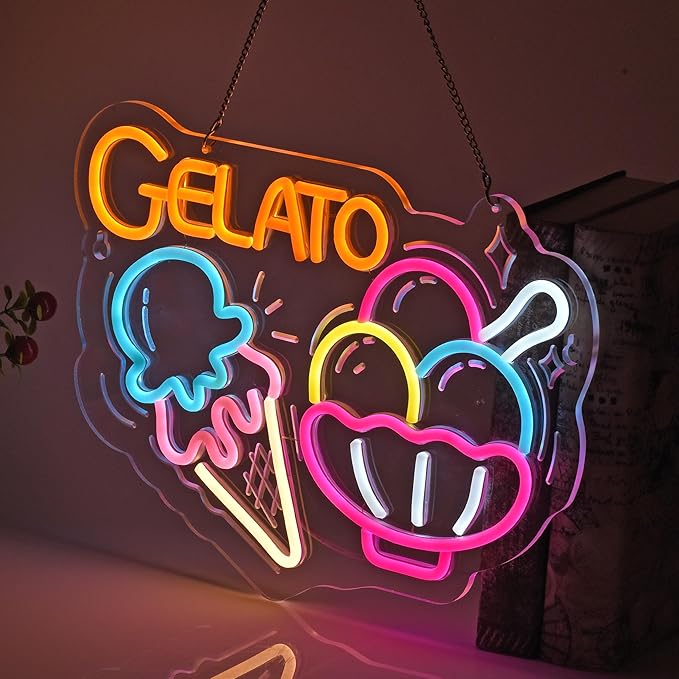 Gelato Neon Sign, Neon Lights Hanging Wall Art Decoration for Restaturant Shop Food Truck Market Bakeries Café Celebration Home Decor, USB Powered Ultra Bright Dimmable,15.75×11.8inches