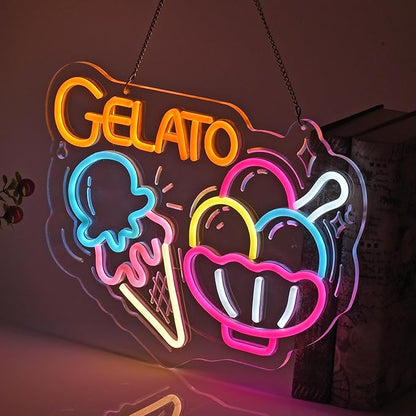 Gelato Neon Sign, Neon Lights Hanging Wall Art Decoration for Restaturant Shop Food Truck Market Bakeries Café Celebration Home Decor, USB Powered Ultra Bright Dimmable,15.75×11.8inches