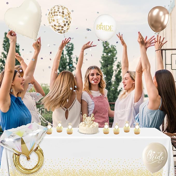 Bride to Be Decorations,White Gold Bridal Shower Balloons Kit with Backdrop,Bachelorette Party Decorations, Diamond Ring Foil Balloons,Cake Toppers
