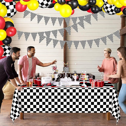 WNINK 2 Pack Race Car Table Cloth and Black White Gingham Tablecloths Disposable Plastic Buffalo Check Tablecloth Checkered Flag Covers for Birthday, Outdoor Picnic, Birthday, Camping 54 × 108 Inch
