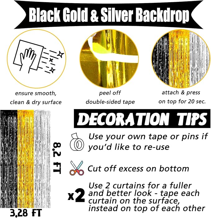 4 Pack 3.2Ft x 8.2Ft Black Gold Silver Fringe Curtain Backdrop, Metallic Tinsel Foil Fringe Streamers Curtains Background for Wedding Notorious One Birthday Roaring 20s Graduation Party Decoration