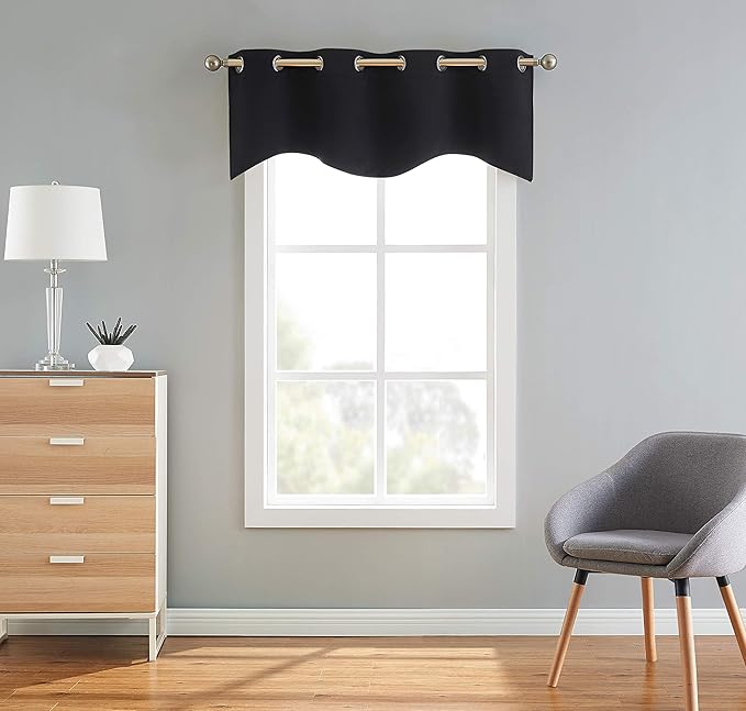 LinenZone 1 Scalloped Valance Curtain Panel - Premium Grommet Blackout Drape - 54 inch Wide x 18 Inches Long - Solid Thermal Insulated Draperies (Nicole Scallop 54 x 18, Black)