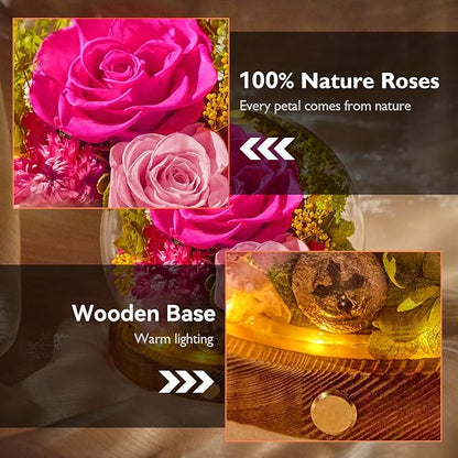Forever Flowers for Delivery Prime, Preserved Rose in Glass Dome, Gifts for Women Birthday, Long-Lasting Flowers for Mom Wife Grandma Valentine's Day Mother's Day Christmas Anniversary, Hot Pink