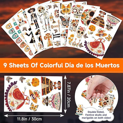Dia de Los Muertos Decorations, Day of The Dead Window Clings, Halloween Window Stickers, Mexican Fiesta Party Decor, Sugar Skull Skeleton Musical Decals, 9 Sheets