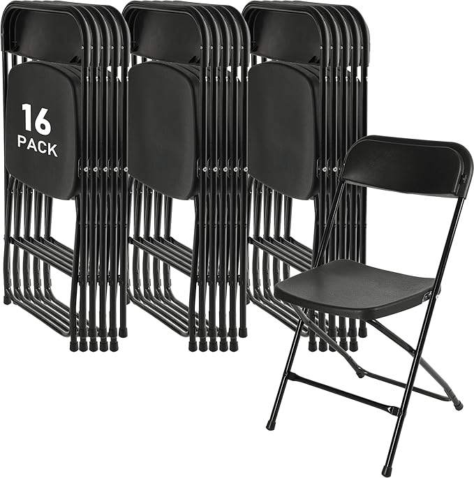 SEALAMB Plastic Folding Chairs 16 Pack, Black Commercial Portable Indoor/Outdoor Chairs for Home Office, Wedding, Events Parties with Steel Frame, 350lbs Capacity (Black-Plastic, 16 Pack)