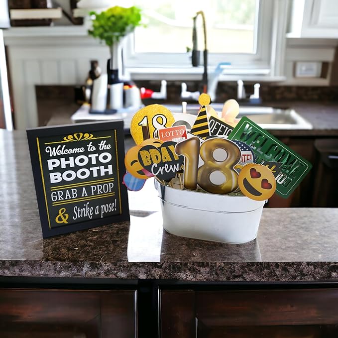 18th Birthday Photo Booth Props - 41-pc Photobooth Kit with 8 x 10-Inch Sign, 60 Adhesive Pads, 45 Sticks - 18th Birthday Decorations for Girls and Boys - 18 Photo Booth Props