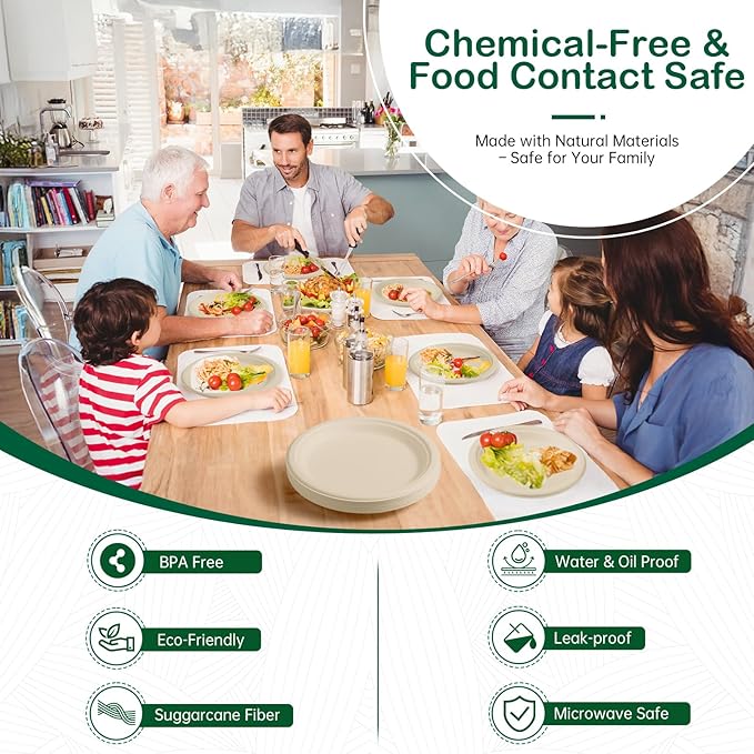 𝟏𝟎 𝐈𝐧𝐜𝐡, 𝟏𝟐𝟖-𝐏𝐚𝐜𝐤 Compostable Paper Plates, Heavy-Duty Biodegradable Disposable Dish Made from Bagasse, Perfeck for Snacks, Desserts, Party, Wedding and More (Nature)