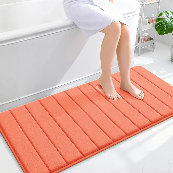 OLANLY Memory Foam Long Bathroom Rugs Runner 47x24, Super Soft Absorbent Bath Mat, Quick Dry, Machine Washable Shower Floor Rugs, Bathmat Carpet, Bathroom Home Decor Accessories, Coral