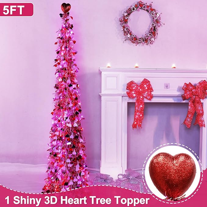 Valentines Day Decorations 5 Ft Valentine's Day Tree with Timer 50 Red & Pink Lights 3 Color Sequin Heart Ornaments Heart Topper Battery Operated Tinsel Pop Up Christmas Tree Home Party Indoor Decor