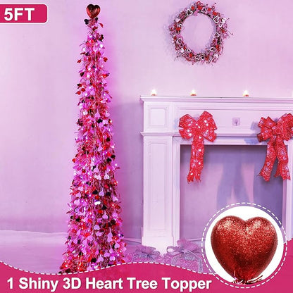 Valentines Day Decorations 5 Ft Valentine's Day Tree with Timer 50 Red & Pink Lights 3 Color Sequin Heart Ornaments Heart Topper Battery Operated Tinsel Pop Up Christmas Tree Home Party Indoor Decor