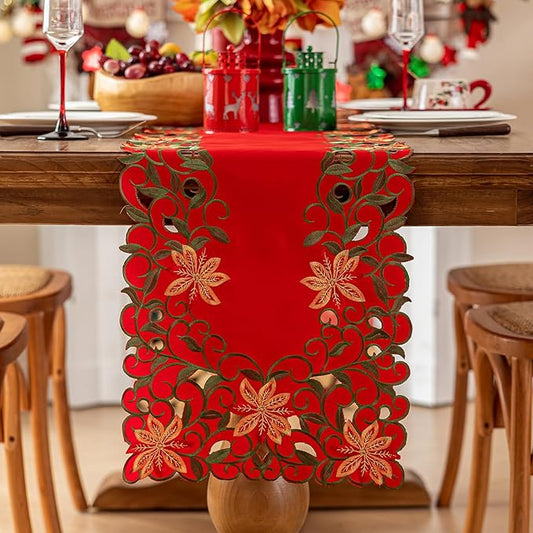 Joyfol Day Christmas Red Flowers Table Runner 14 x 33 Inch, Cutwork Embroidered Florals Table Runners, for Xmas Holiday Winter Festival Kitchen Dining Tabletop Decoration