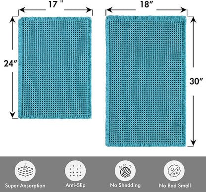 MIULEE Set of 2 Waffle Bathroom Rugs, Boho Bath Rugs Non Slip Washable, Super Absorbent Bath Mats, Ultra Soft Rubber Backed Shower Mats for Bathroom Floor, Tub, Teal, 17"x24"+18"x30"