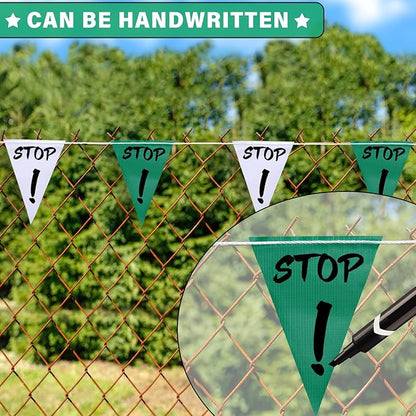 105ft Green and White Pennant Banner Flag, 7"x10" Fluorescent Safety Flagging Banner Warning Flag for Construction Site/Boundary Barrier Signs, Perimeter Marking Flags on String, 45 Flags