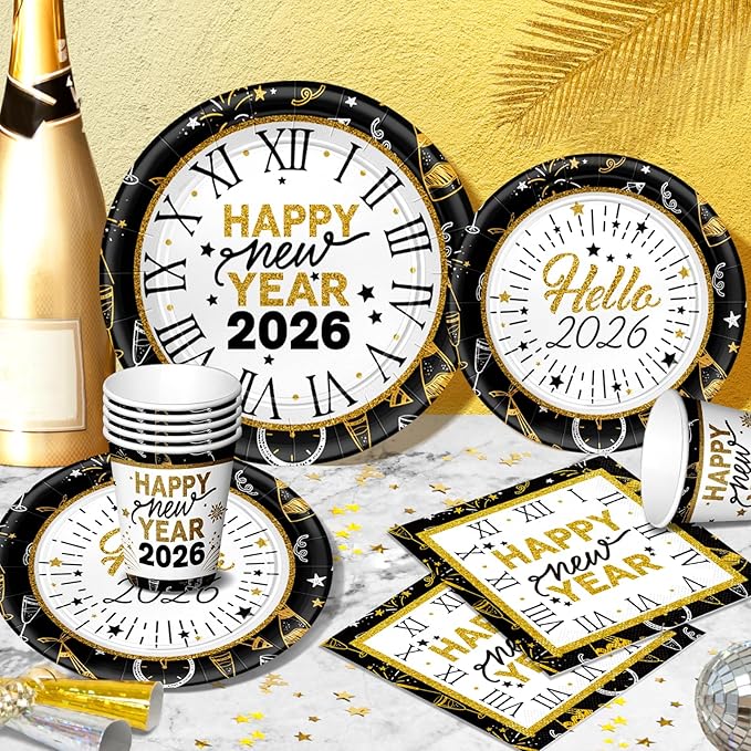 New Years Eve Party Supplies 2026-96 PCS Happy New Years Plates and Napkins Set-Nye Party Supplies Includes Happy New Year Plates Napkins Cups Nye Table Decorations 2026