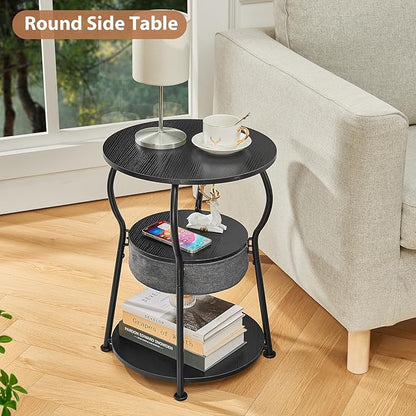Small Round Side Table with Storage Bag, 3-Tier Accent Round End Table with Storage Shelves for Living Room, 21.6" H Vintage Small Corner Table for Smalls Spaces (D - 15.8 in Black)
