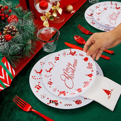 Liacere 175PCS Red and White Disposable Christmas Plastic Plates - Include 25 Dessert Plate, 25 Dinner Plates, 25 Knives, 25 Spoons, 25 Forks, 25 Cups, 25 Napkins for Christmas Party
