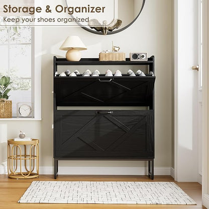 Nicetree Shoe Storage Cabinet with 2 Flip Drawers, Freestanding Shoe Organizer, Shoe Cabinet with Metal Legs, Narrow Shoe Rack Cabinet, Farmhouse Slim Shoe Cabinet for Entryway, Foyer, Hallway, Black
