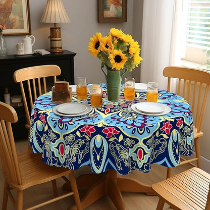 Eikione Round Tablecloth, Boho Tablecloth Waterproof and Wrinkle-Free, Boho Table Covers, Summer Decorations for Home 60inch