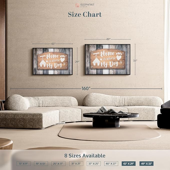 Elephant Stock Home Is Where My Dog Is Wall Art - Horizontal Floating Framed Canvas - 1-Piece Living Room Wall Decor - Pet Digital Art Canvas Print - Gray and Beige Decor for Wall - 43" X 29"