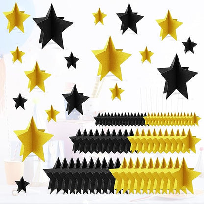70 Pcs Black and Gold Star Centerpieces Black and Gold Party Birthday Decorations 3D 2025 Graduation Table Decor 3 Sizes 8" 5" 3" Red Carpet Film Show Theme Engagement Anniversary Supplies
