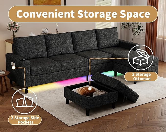 Smart Sectional Couches for Living Room, 6 Seat U/L Shaped Sectional Sofa with RGB Light/Charging, Modern Living Room Furniture for Apartments/Office/More (Black)