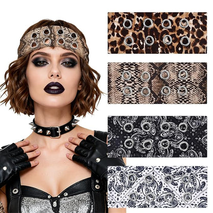 Meifuly 4 Pack Fashion Grommet Wide Headbands for Women, Hollow Out Eyelets Elastic Wide Headband, Y2k Girls Punk Grunge Stretchy Hair Accessory