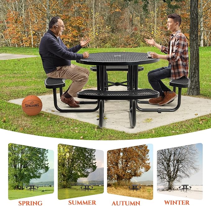 47'' Heavy-Duty Metal Picnic Tables with Umbrella Hole, Outdoor Steel Heavy Duty Commercial Grade Black Table, Outdoor Bench Set for Lawn, Patio, Park, Yard, Garden, Porch (Set A, Round)