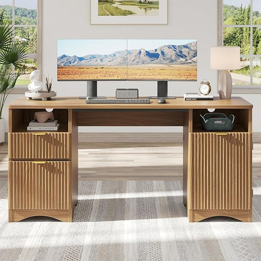 Bestier 59 inch Office Desk with 2 Drawer, Computer Desk with File Cabinet & 2 Open Storage, Modern Fluted Wood Desk for Home Office Bedroom Study, Natual Oak