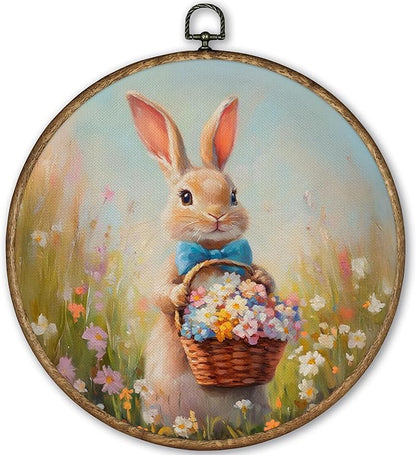 TLESKE Easter Bunny Flower Floral Round Wall Art Decor 10x10, Spring Rabbit Framed Canvas Wall Art Prints Artwork, Easter Bunny Wall Hanging Room Door Decor Decorations for Bedroom Living Room
