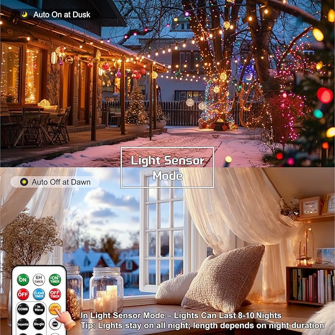 HXWEIYE Rechargeable Fairy Lights with Remote, 2 Pack 33ft 100LED Twinkle Lights with DIY Timer & Light Sensor, Waterproof Outdoor String Lights for Bedroom Patio Christmas Tree Decor, Multicolor