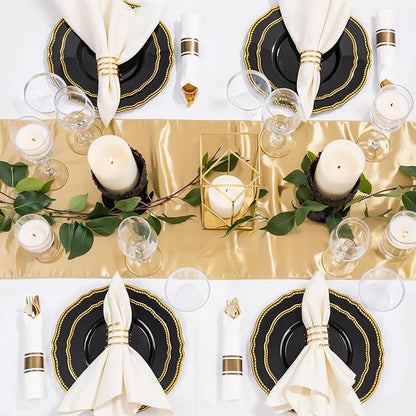 Hioasis 350pcs Black and gold Plastic Plates - Gold Plastic Dinnerware Set Includes 50 Dinner Plates, 50 Dessert Dinnerware, 50 Cups, 50 Rolled Napkin Cutlery Perfect for Wedding & Party
