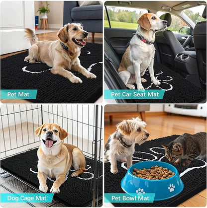 OLANLY Dog Door Mat for Muddy Paws 70x35, Paw Print Design, Absorbs Moisture and Dirt, Absorbent Non-Slip Washable Doormat, Quick Dry Chenille Mud Mat for Dogs, Entry Indoor Entryway Carpet, Black