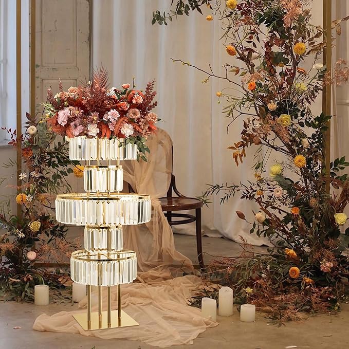 5-Tier Crystal Vase for Table Centerpiece, Large Wedding Decor Flower Stand, Metal Chandelier Stand with Crystal Pendants, Elegant Flower Display Rack for Party Event Home Wedding Decoration (Gold)