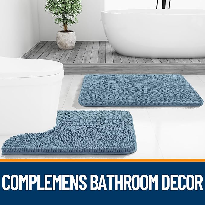 OLANLY Bathroom Rugs 35x24, Extra Soft Absorbent Chenille Bath Rugs, Rubber Backing Quick Dry, Machine Washable Bath Mats for Bathroom Floor, Tub and Shower, Home Decor Accessories, Airy Blue