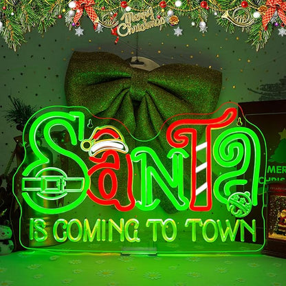 Horseneon Christmas Neon Sign Christmas Light Santa is Coming to Town Neon Sign Bright LED Wall Decoration for Home Shop Bar Santa Claus Neon Signs