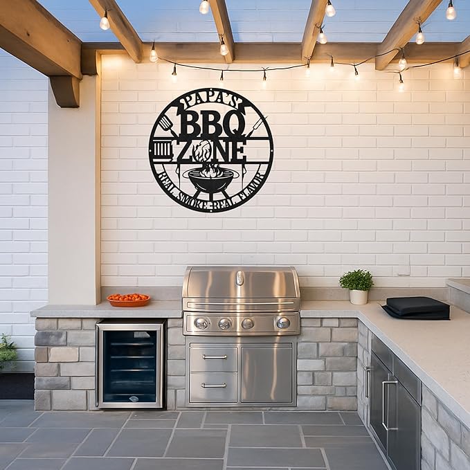 Personalized BBQ Grill Wall Sign, Custom Name Metal Cut Decor for Outdoor Patio, Rustic Backyard Kitchen Barbecue Art