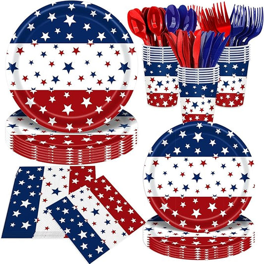 140Pcs Independence Day Party Supplies 4th of July Party Decorations Plates and Napkins Patriotic Memorial Day Party Decor Star Print Paper Plates, Serve for 20