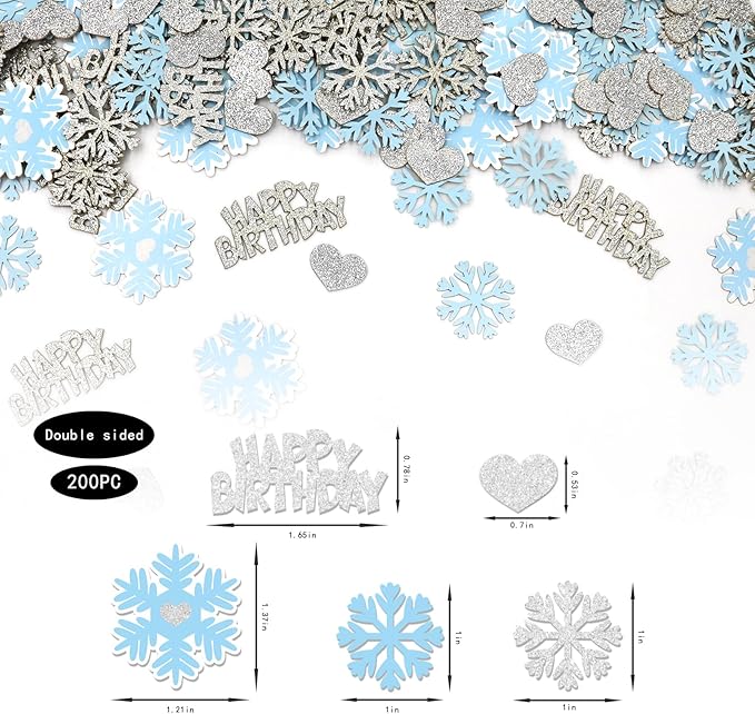 Blue Silver Snowflake Happy Birthday Confetti for Table – 200PC Glitter Heart Snowflakes Table Scatter for Winter Wonderland Birthday Decorations